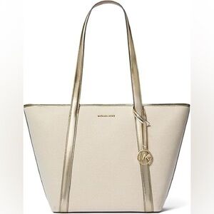 Michael Kors Jet Set Large top zip Elegant Gold and Cream Tote